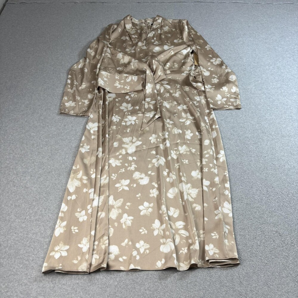 Halogen Dress Women Medium Beige Floral Long Sleeve Wrap Tie Satin Midi Modest
